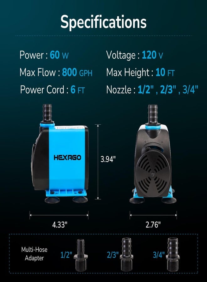 Hexago 800 GPH Submersible Pump, Ultra Quiet Water Fountain Pump with 10FT High Lift, 6FT Power Cord, 3 Nozzles, Durable Water Pump for Aquarium, Statuary, Hydroponics, Fish Tank and Pond Fountains - Image 2